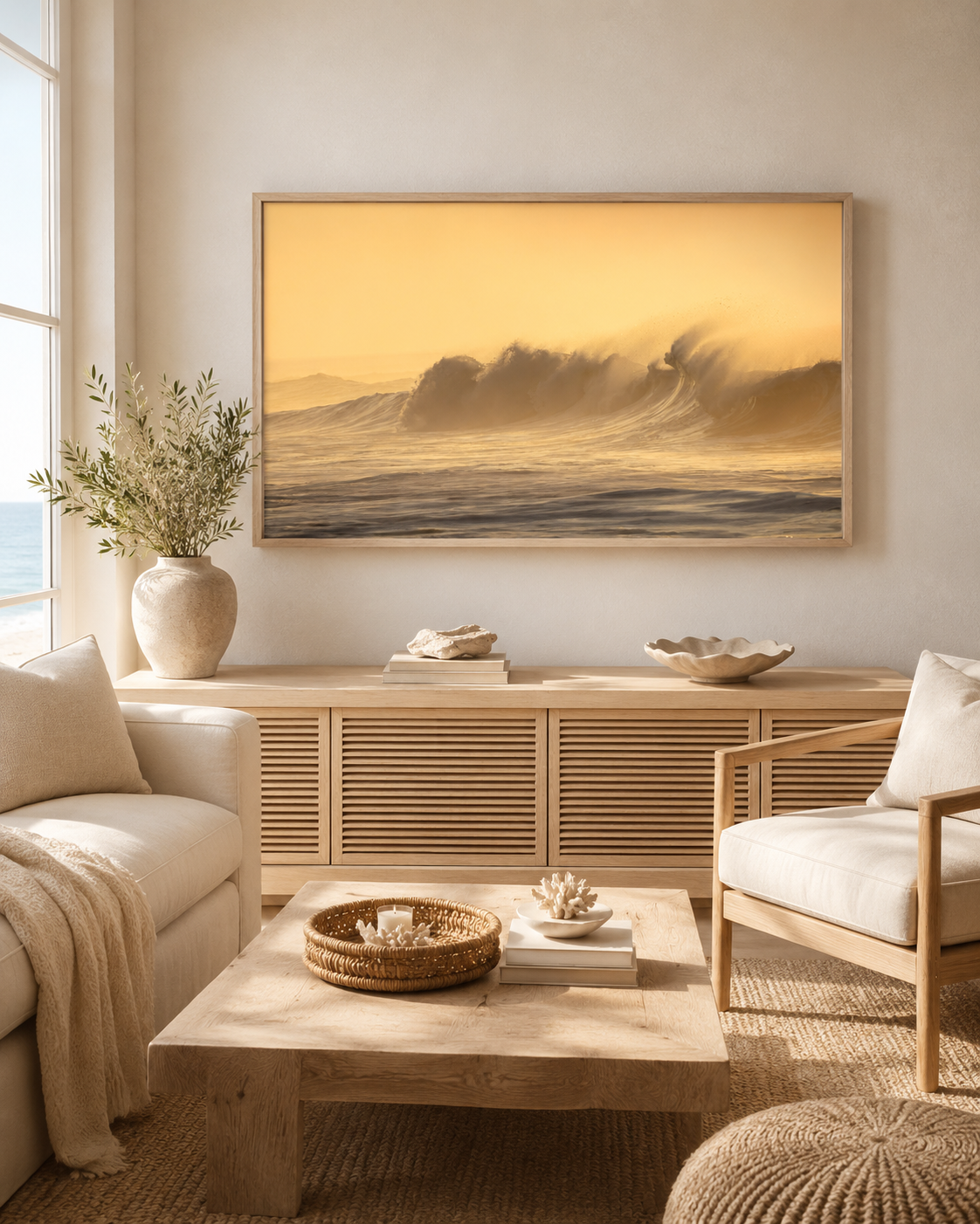 Marea Dorada fotografía de ola al atardecer enmarcada en sala costera minimalista con tonos neutros