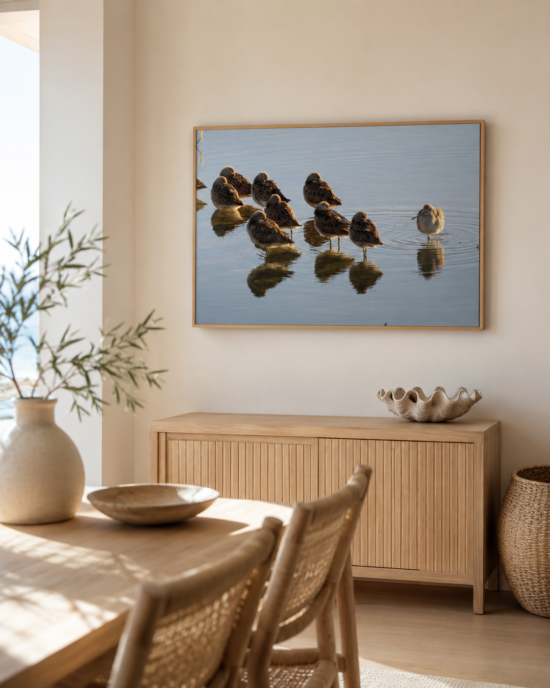 Reflejos en Calma fotografía de aves playeras enmarcada en comedor costero minimalista con madera natural